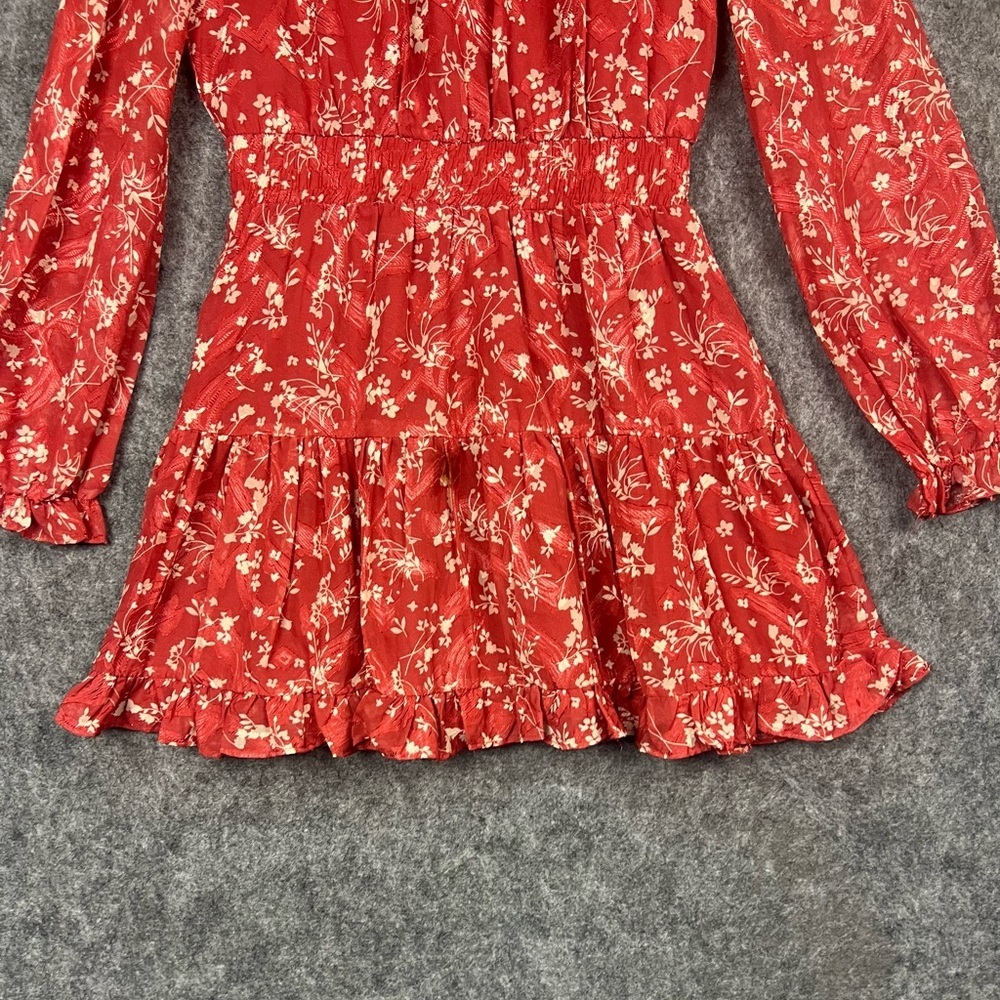 Lulus Floral Smocked Long Sleeve Mini Dress Womens Size S Red - Picture 4 of 12